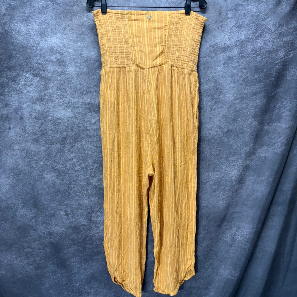 prAna Fernie Yellow Striped Smocked Strapless Jumpsuit Size XL Boho Festival
